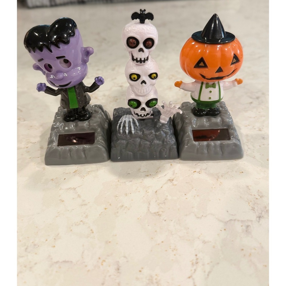 Set of 3 Halloween Solar Powered Dancing Bobbleheads Frankenstein Skull Pumpkin